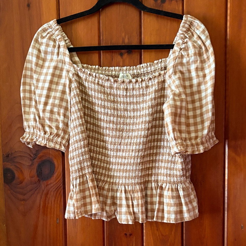 J. Crew Checkered Smocked Off-Shoulder Blouse - Tan
